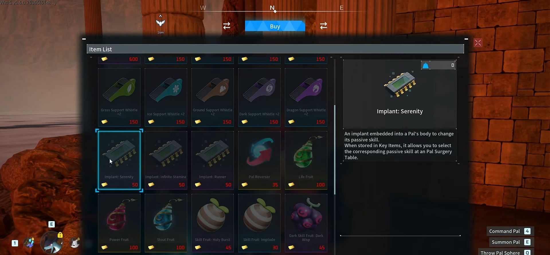 List of Implants at the Arena (Image via Pocketpair)